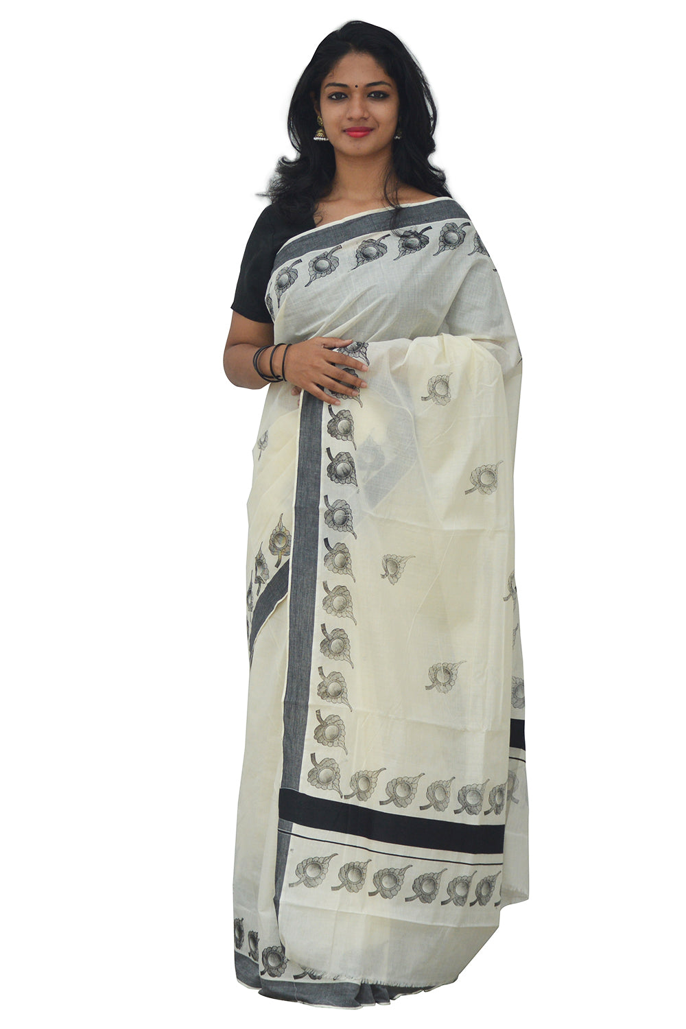 Kerala Saree with Black Leaf Block Print