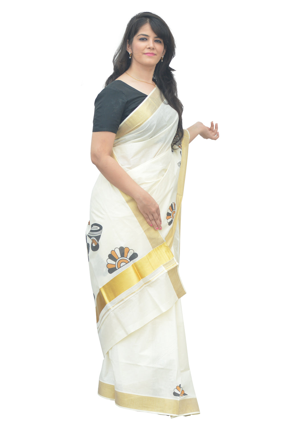 Kerala Kasavu Saree With Mural Traditional Design