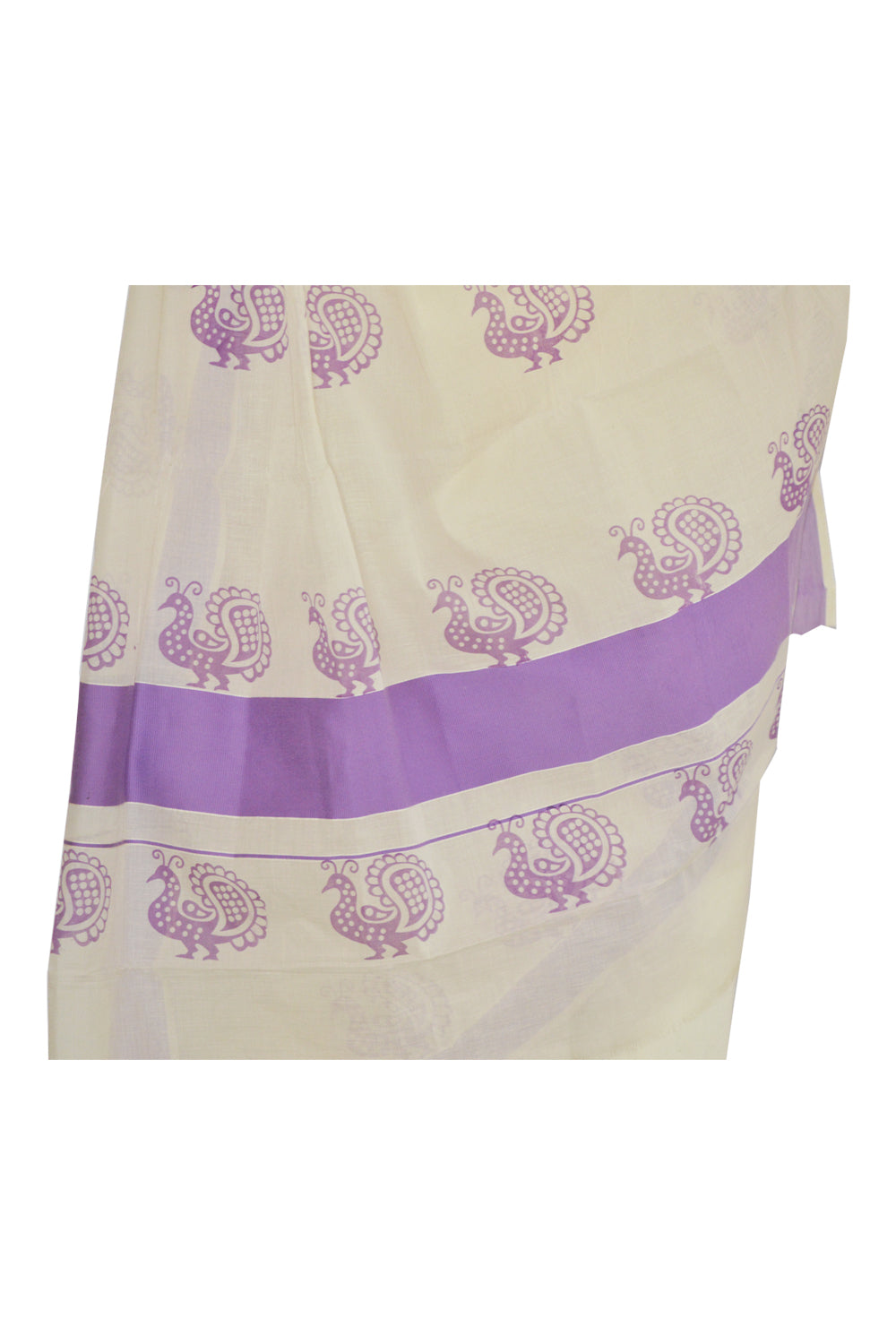 Kerala Saree with Lavender Peacock Block Print