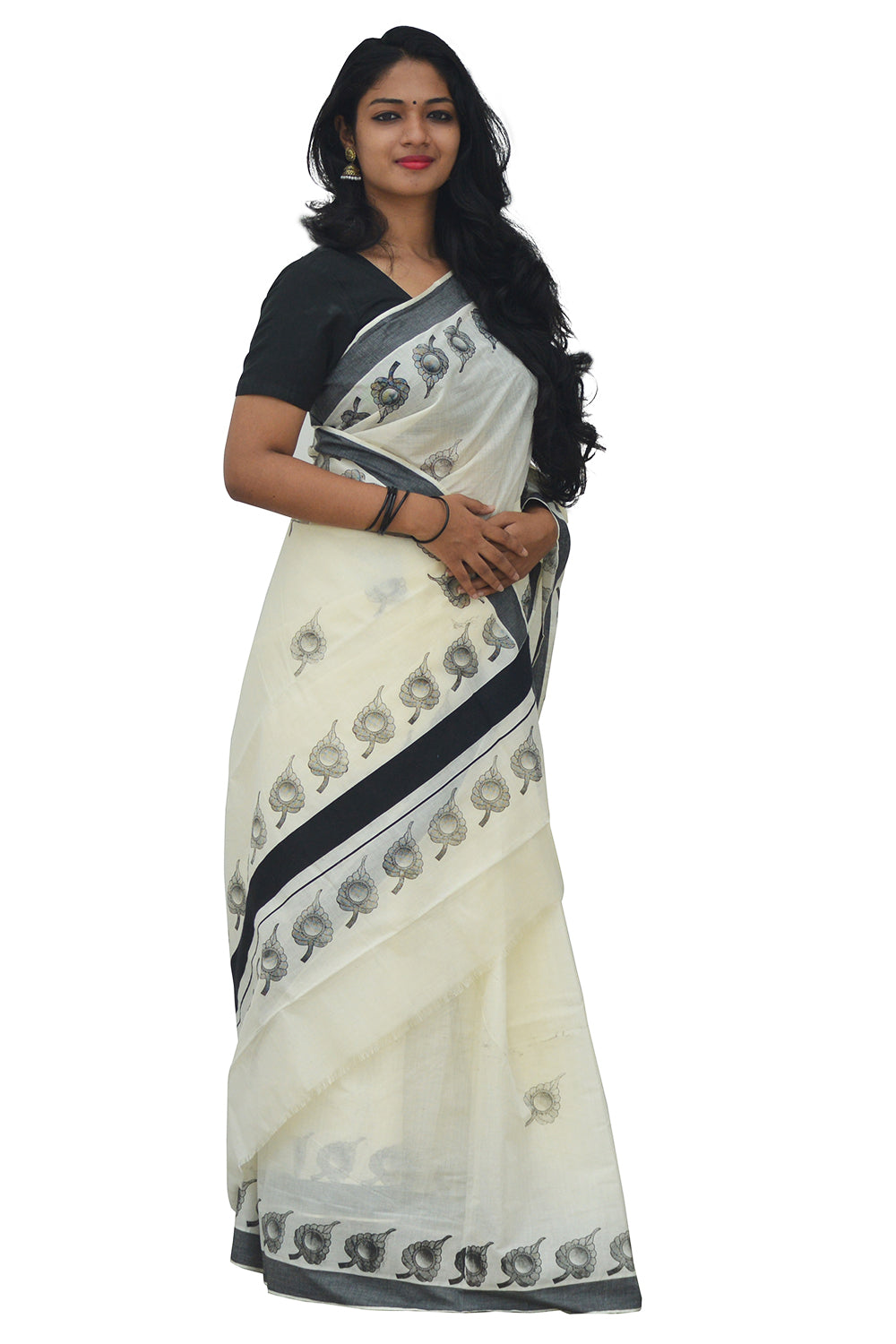 Kerala Saree with Black Leaf Block Print