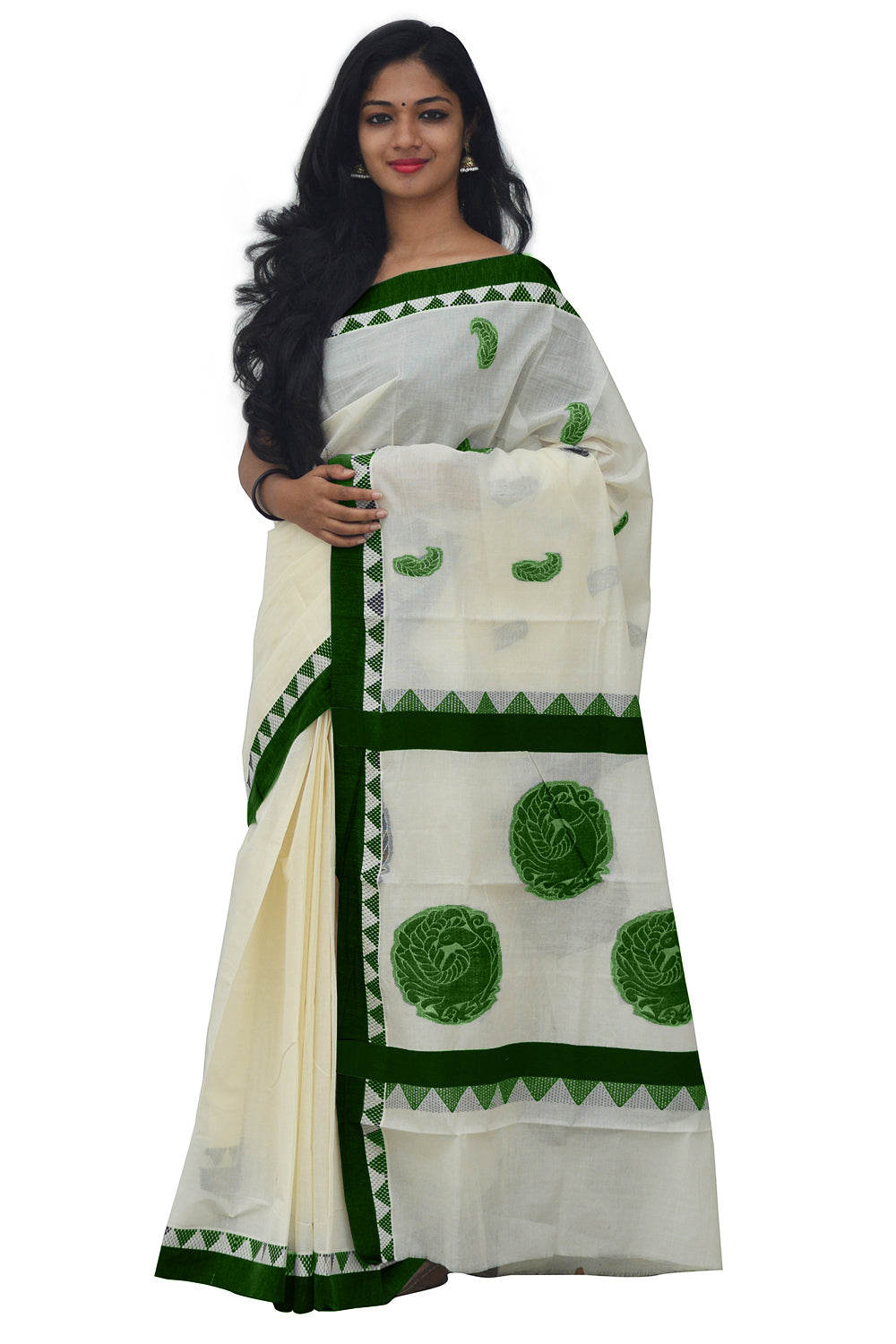 Kerala Saree with Dark Green Peacock Art Embroidery Design