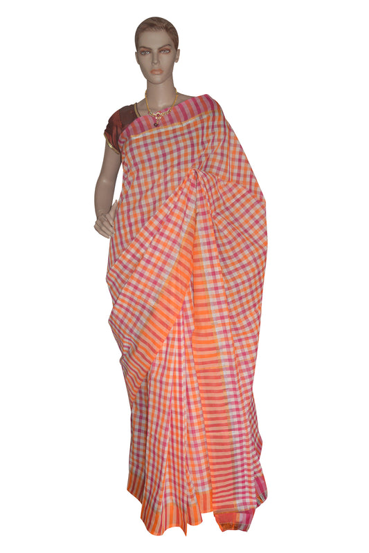 Southloom Kerala Cotton Magenta and Orange Saree with Check Patterns