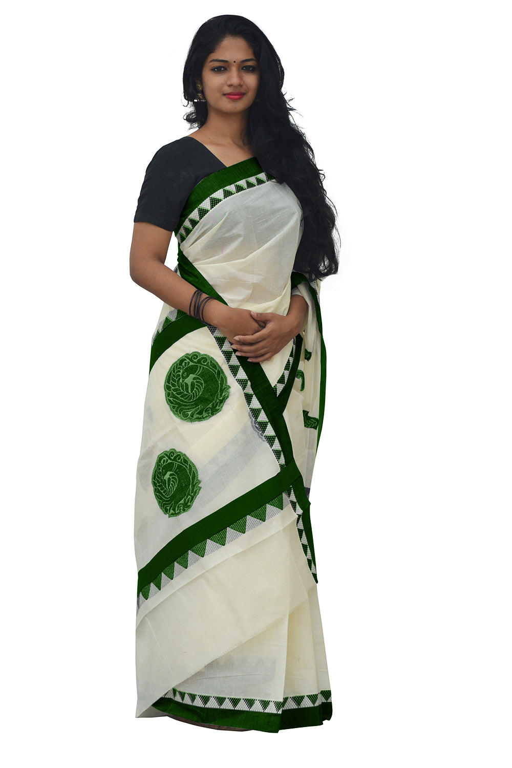 Kerala Saree with Dark Green Peacock Art Embroidery Design