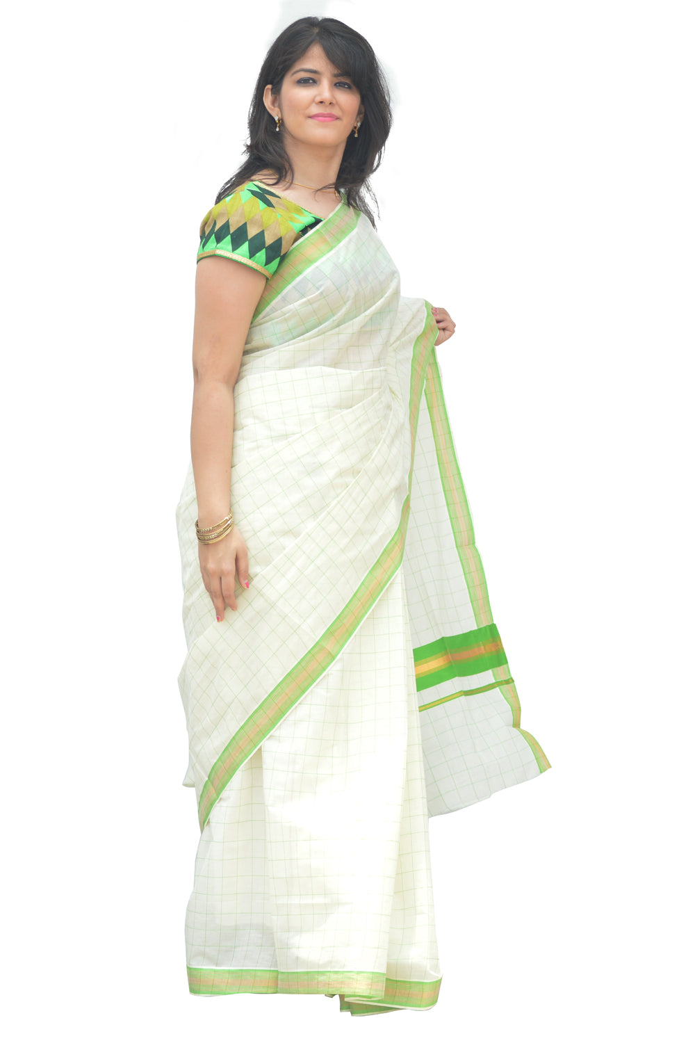 Kerala Kasavu Woven Check Saree with Light Green Border