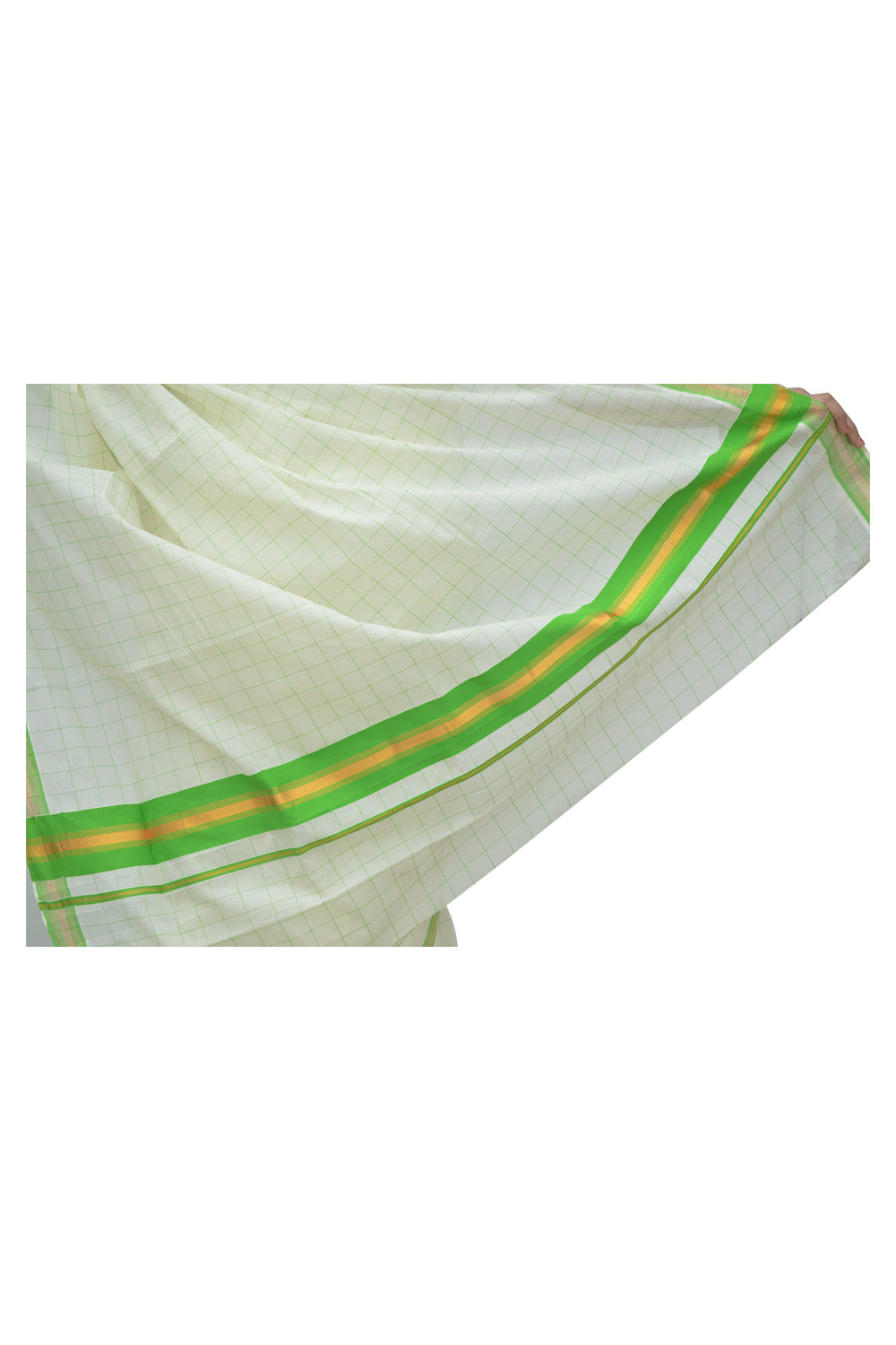 Kerala Kasavu Woven Check Saree with Light Green Border