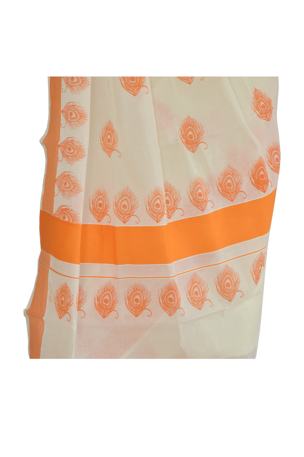 Kerala Saree with Orange Peacock Feather Block Print