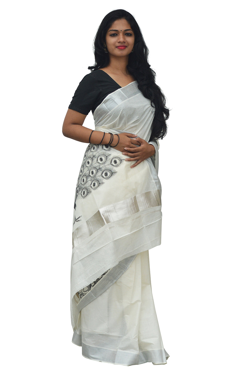 Kerala Silver Kasavu Saree With Mural Peacock Design