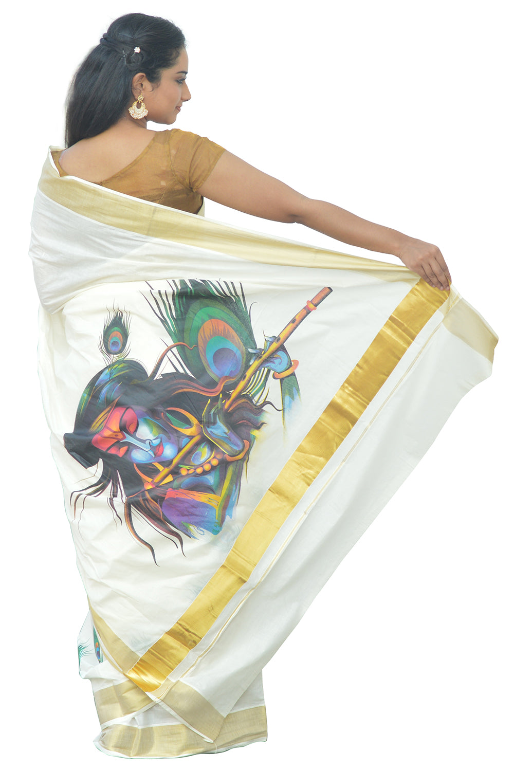Kerala Kasavu Saree With Mural Krishna with Flute Design