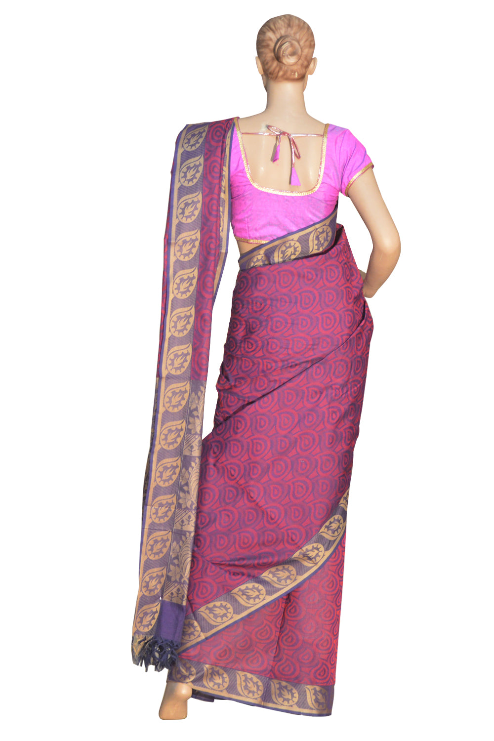 Original South Cotton Purple Saree With Leaf Art Design on Pallu