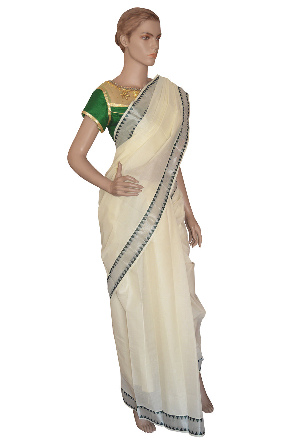 Kerala Silver Kasavu and Dark Green Colour Temple Border Saree