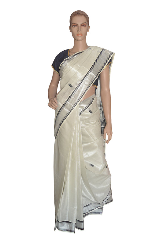 Kerala Silver Tissue Kasavu Onam Saree With Mural Peacock Temple Border