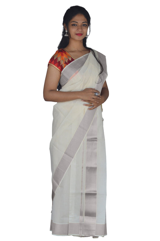 Cream plain design kerala saree, zari border & thread embroidered pallu of  peacock designs