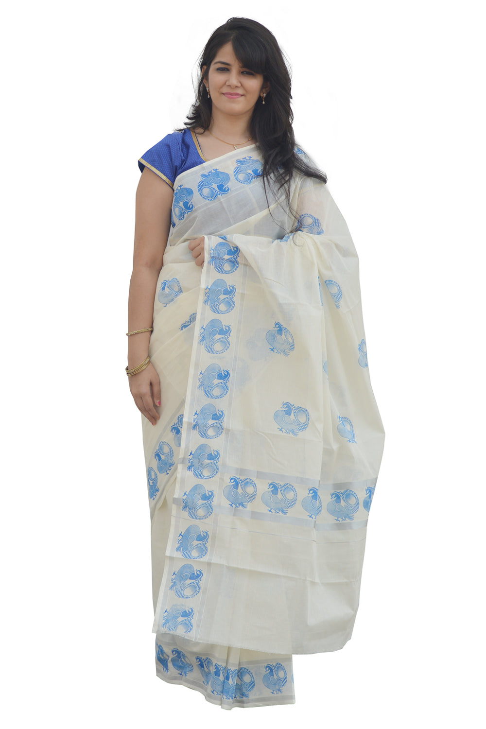 Kerala Silver Kasavu Saree with Blue Peacock Block Print