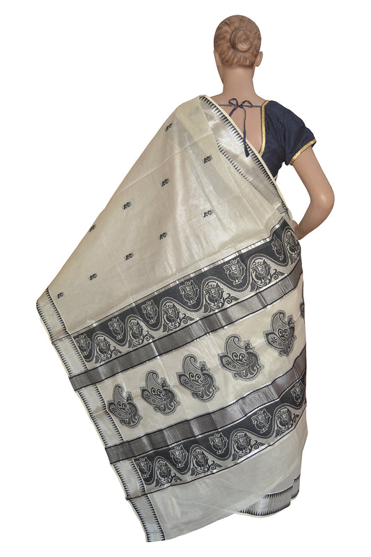 Kerala Silver Tissue Kasavu Onam Saree With Mural Peacock Temple Border