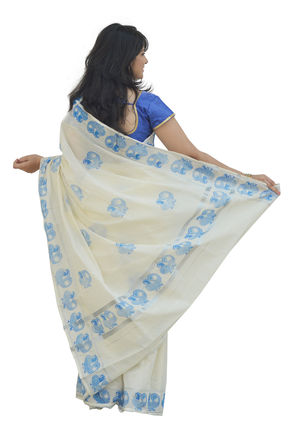 Kerala Silver Kasavu Saree with Blue Peacock Block Print