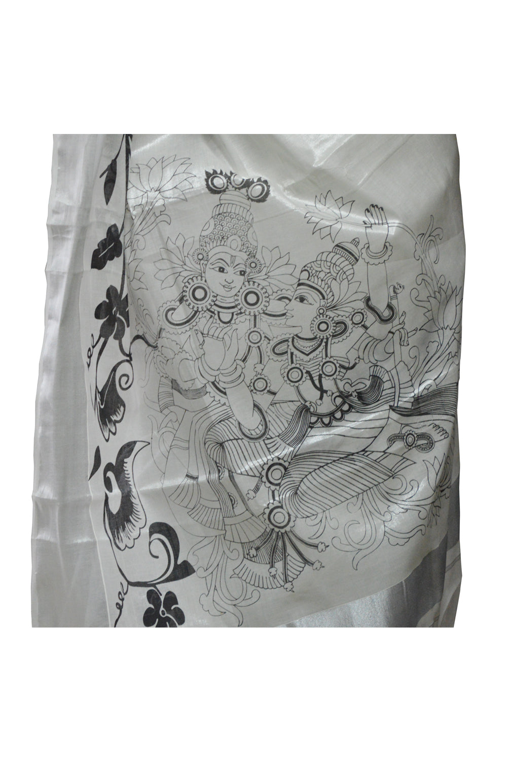 Silver Tissue Saree with Krishna Radha Mural Design