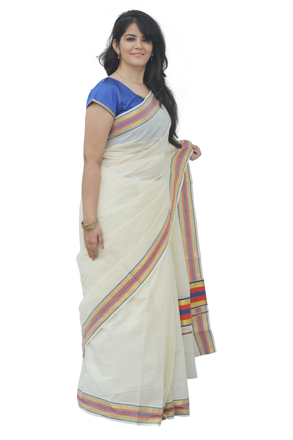 Kerala Kasavu Red and Blue Colour Border Saree