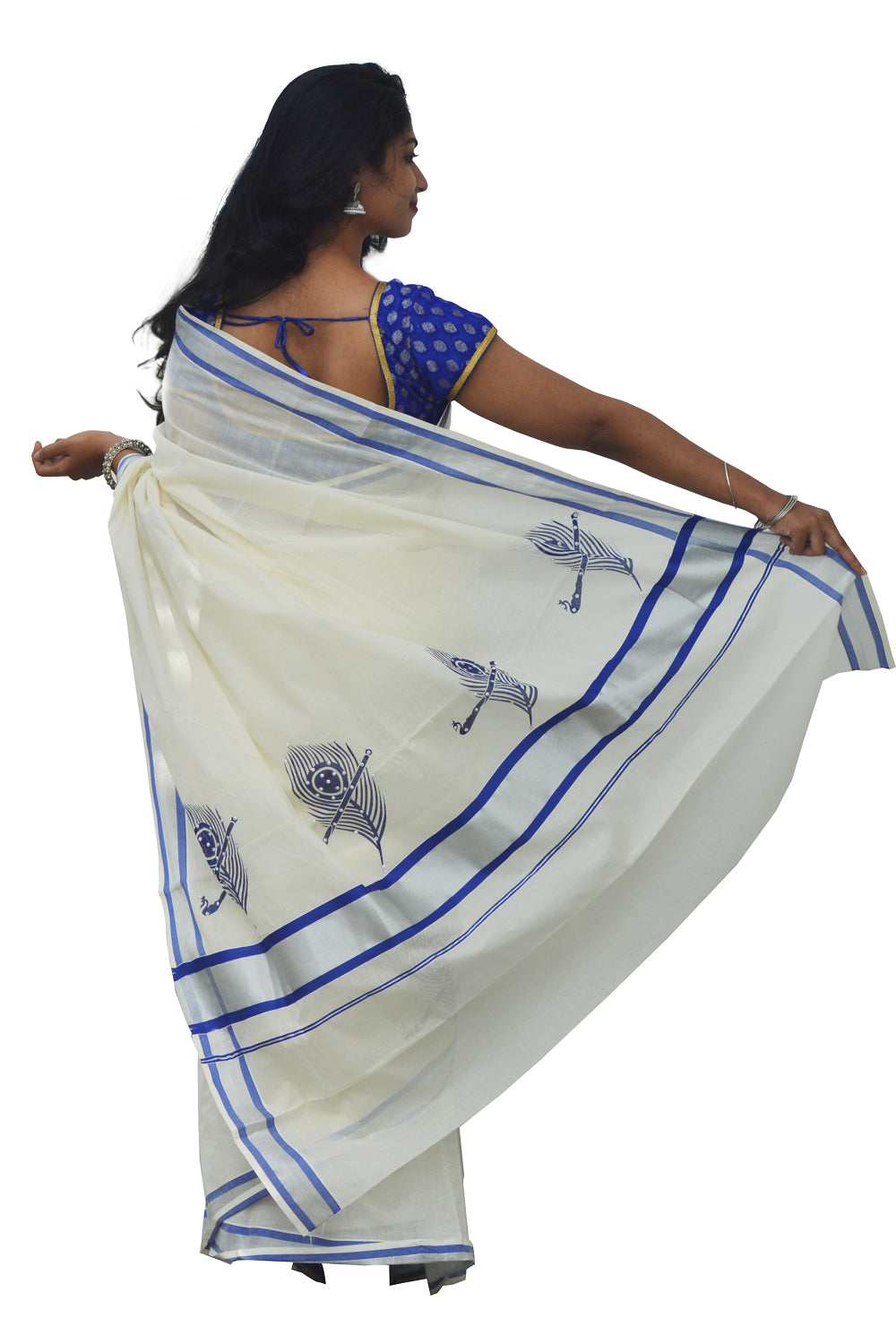 Kerala Silver Kasavu Saree With Mural Peacock Feather Bead Work