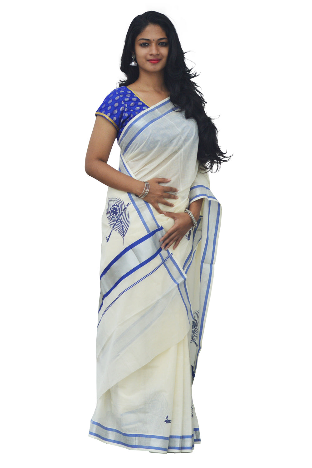 Kerala Silver Kasavu Saree With Mural Peacock Feather Bead Work