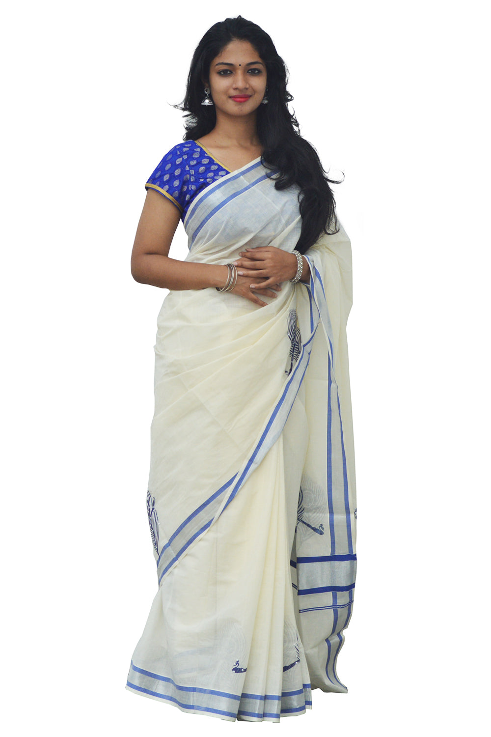 Kerala Silver Kasavu Saree With Mural Peacock Feather Bead Work