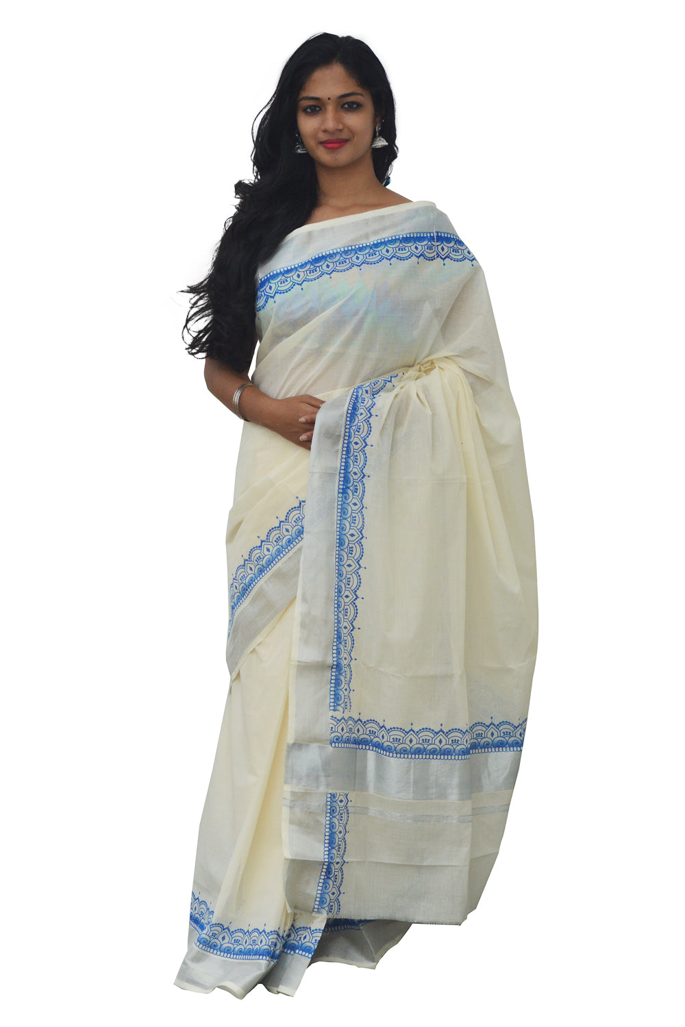 Kerala Silver Kasavu Saree with Light Blue Block Print