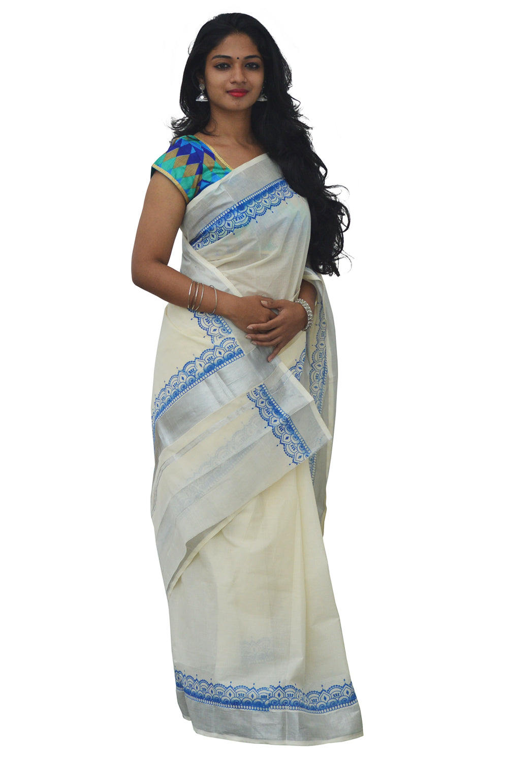 Kerala Silver Kasavu Saree with Light Blue Block Print