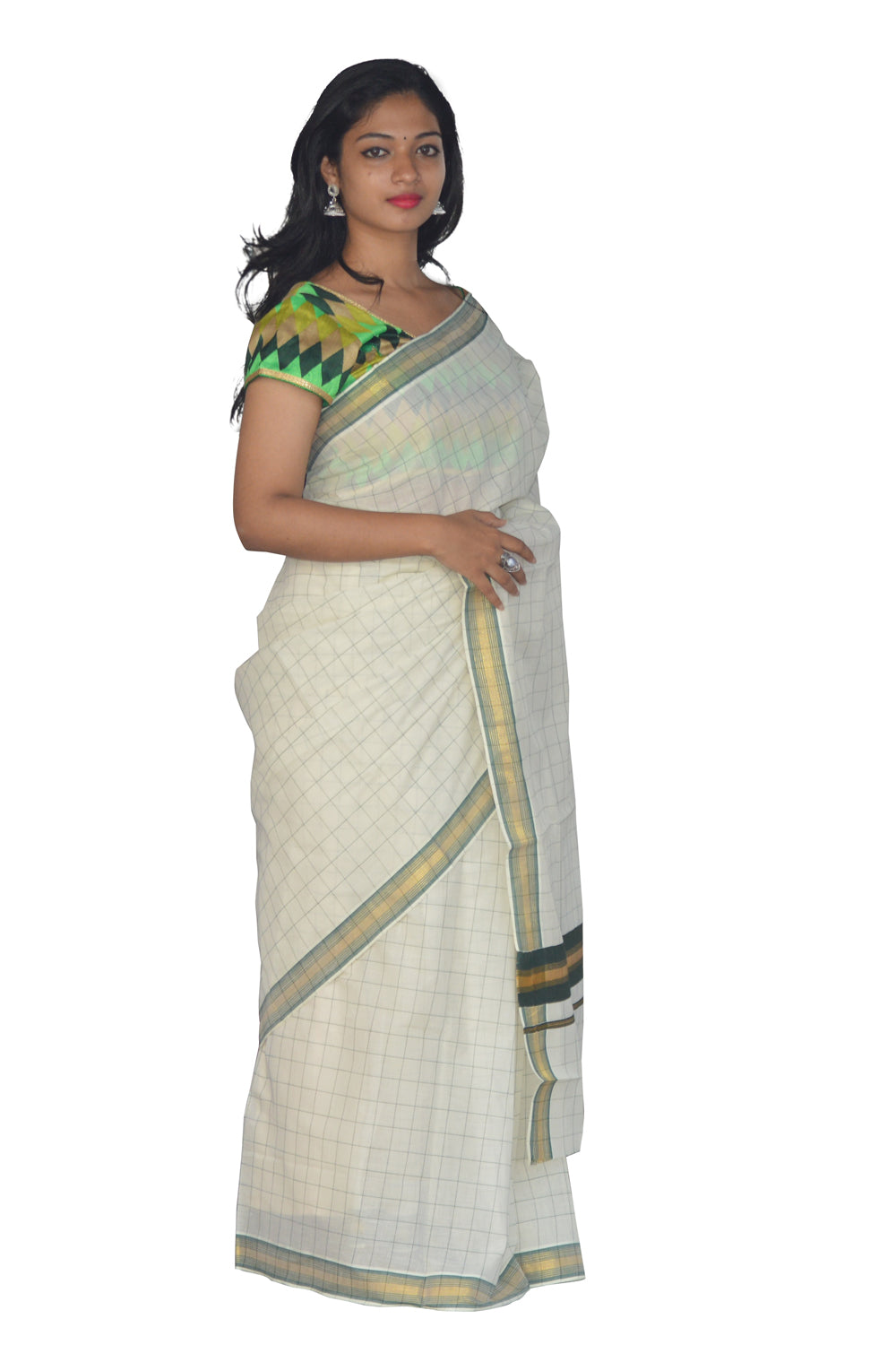 Kerala Kasavu Woven Check Saree with Dark Green Border