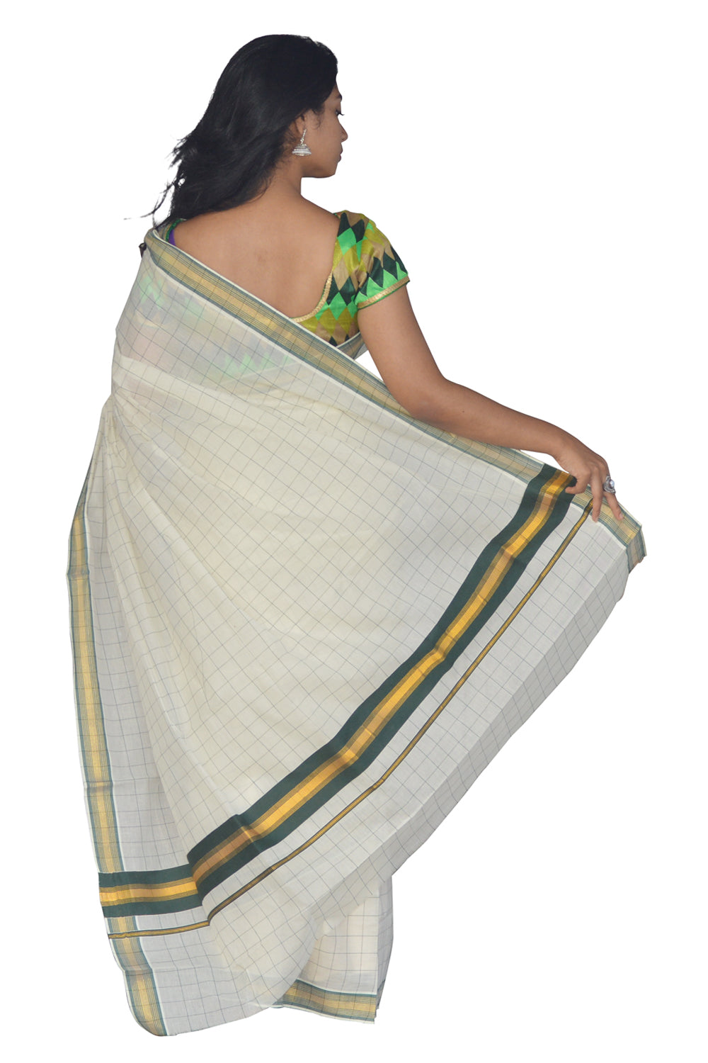 Kerala Kasavu Woven Check Saree with Dark Green Border