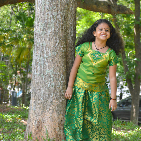 Southloom Green Pattupavada and Blouse (Traditional Ethnic Skirt and Blouse for Girls)