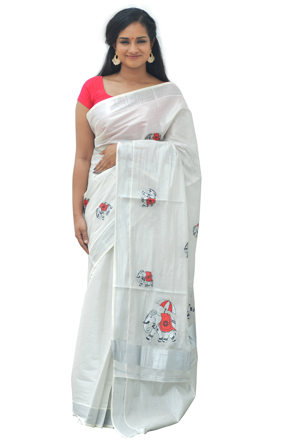 Silver Tissue Saree with Black and Red Elephant Embroidery