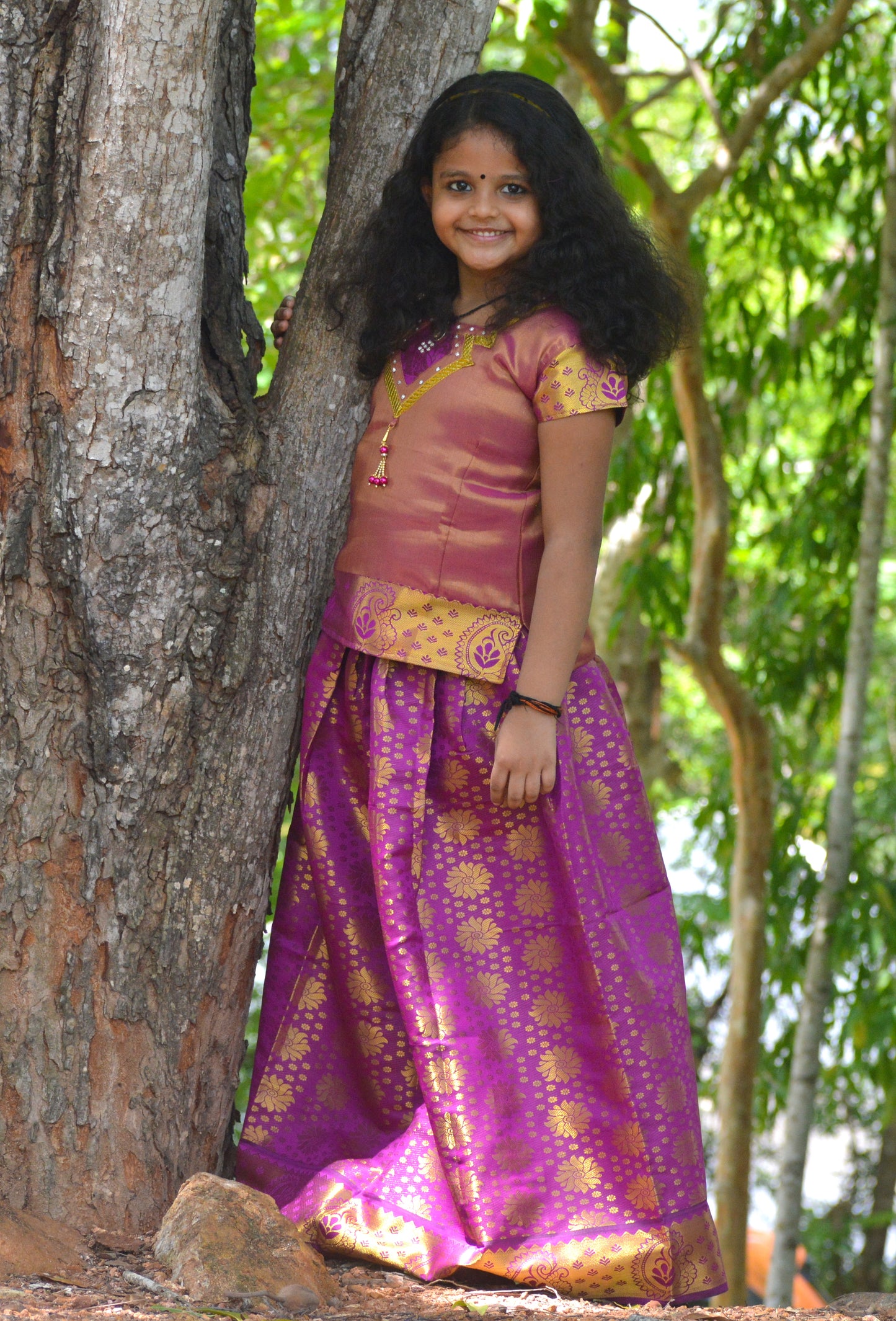 Southloom Magenta Pattupavada and Blouse (Traditional Ethnic Skirt and Blouse for Girls)