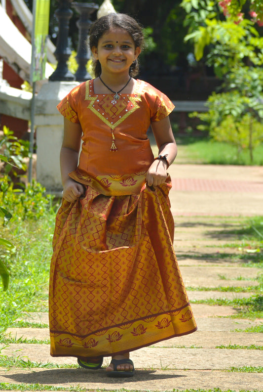 Southloom Orange Pattupavada and Blouse (Traditional Ethnic Skirt and Blouse for Girls)