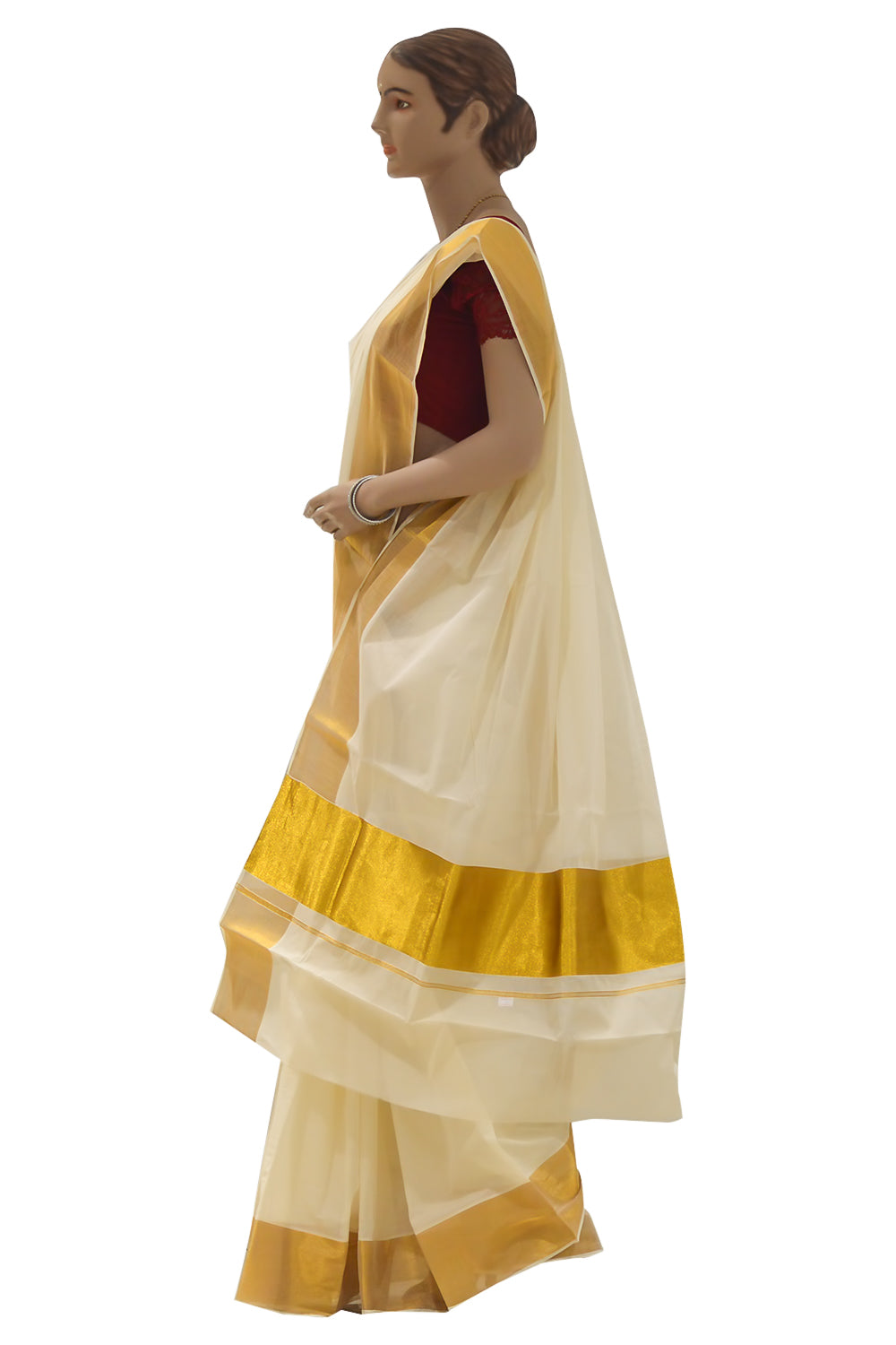 Plain Mixed Fabric Kasavu Saree with 6x4 Border