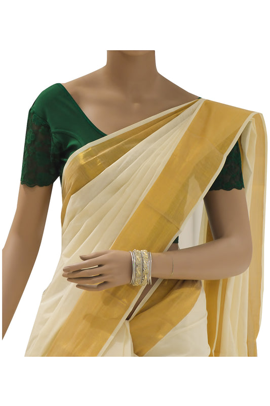 Plain Mixed Fabric Kasavu Saree with 8x4 Border