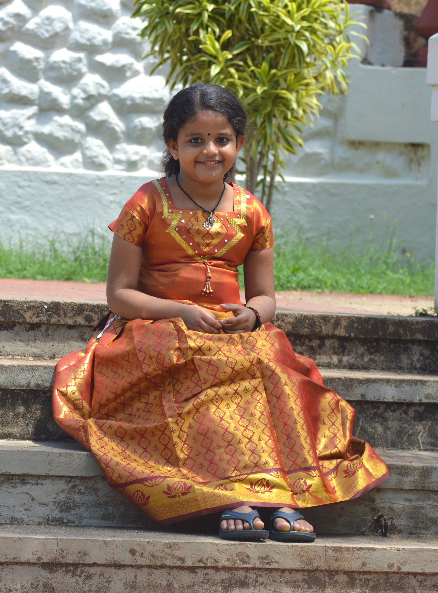 Southloom Orange Pattupavada and Blouse (Traditional Ethnic Skirt and Blouse for Girls)