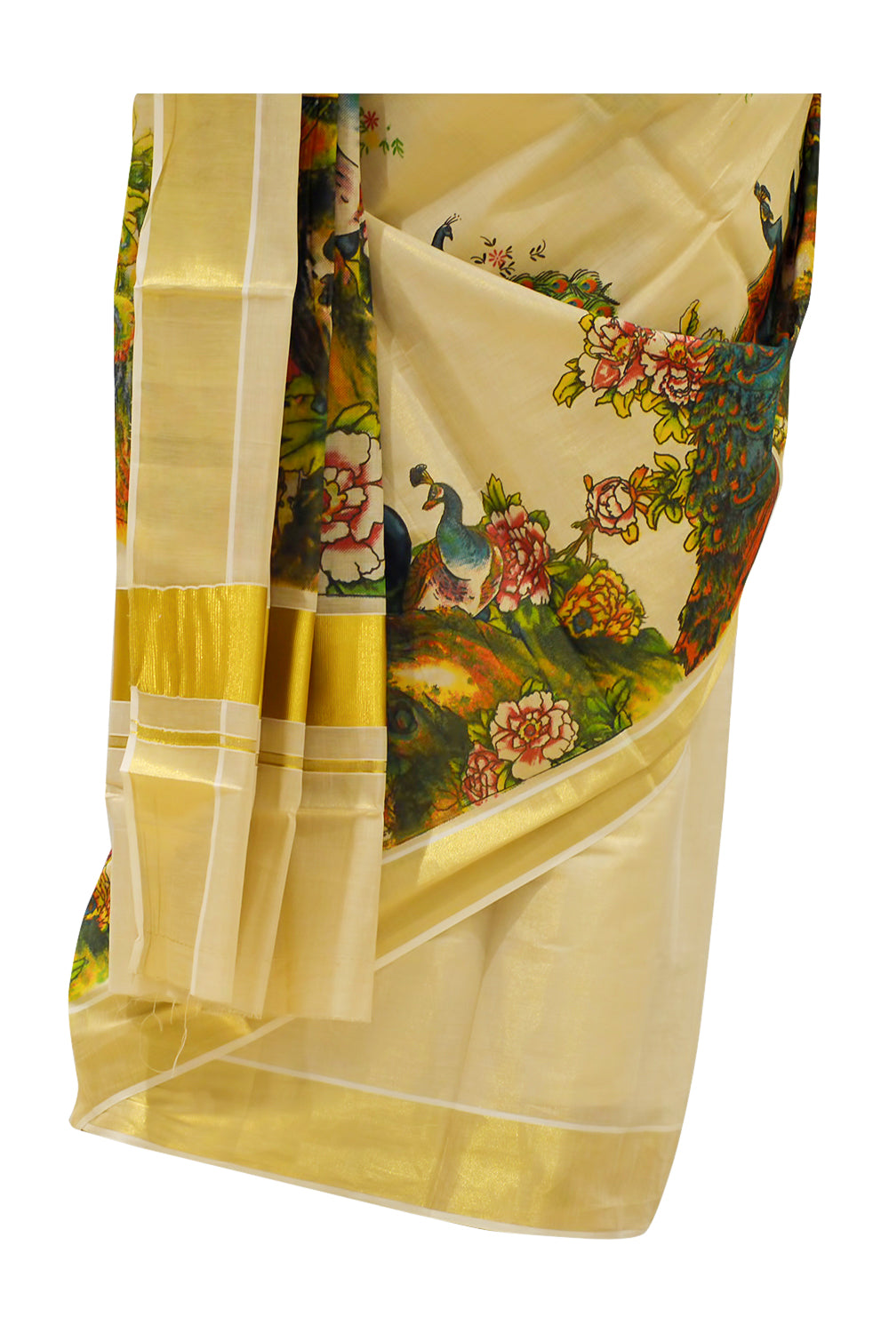 Kerala Tissue Kasavu Saree With Peacock Design