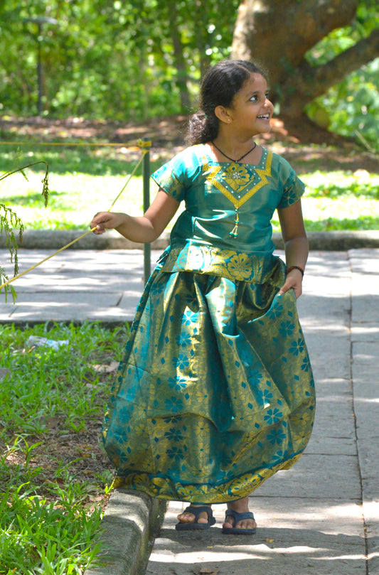 Southloom Dark Green Pattupavada and Blouse (Traditional Ethnic Skirt and Blouse for Girls)