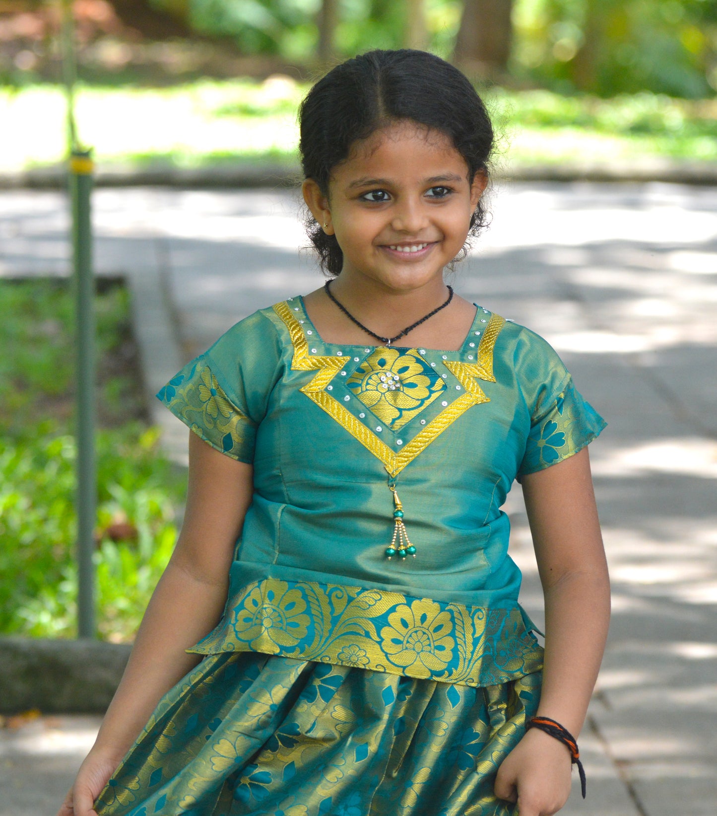 Southloom Dark Green Pattupavada and Blouse (Traditional Ethnic Skirt and Blouse for Girls)