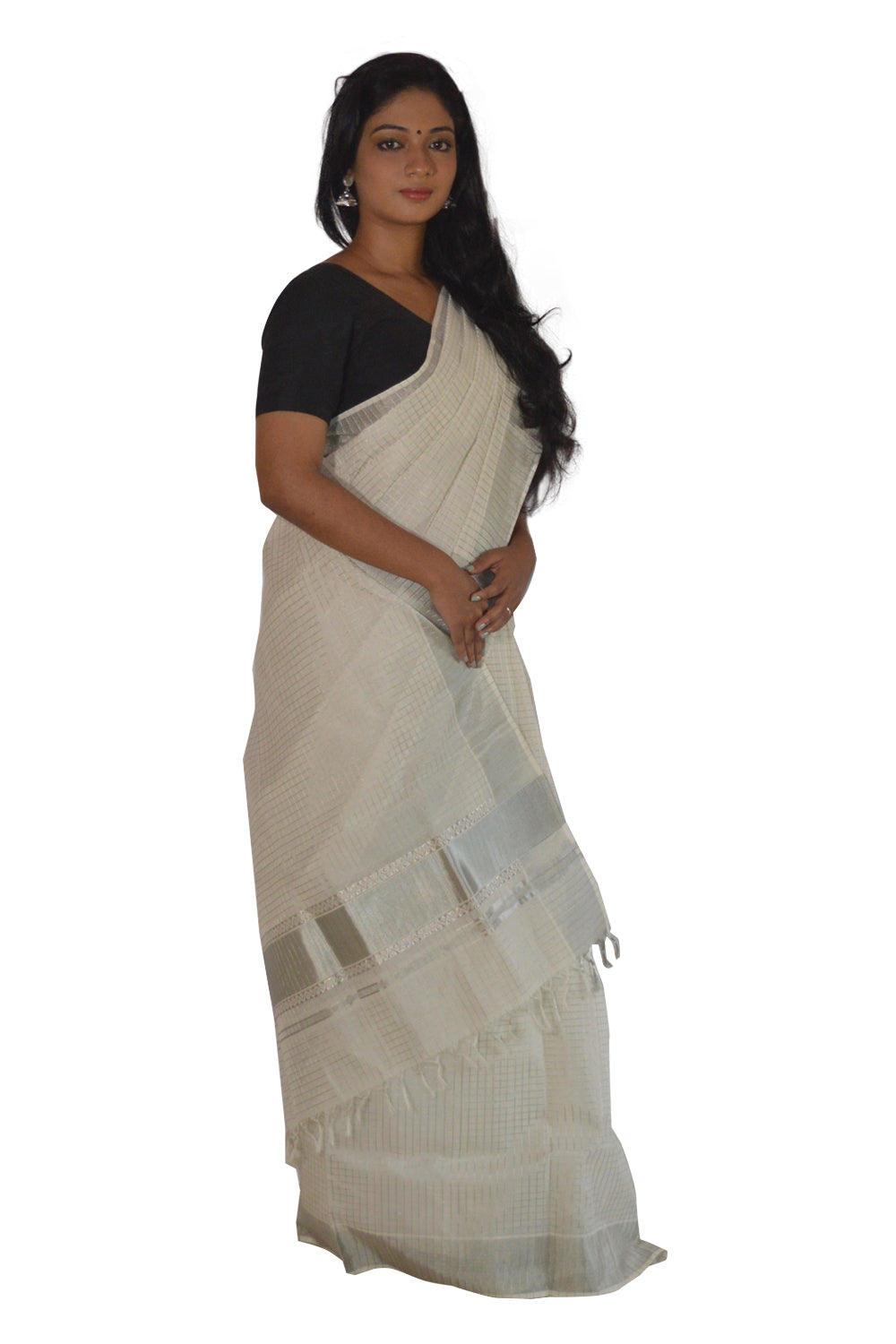 Southloom™ Handloom Silver Kasavu Saree with Woven Check Body