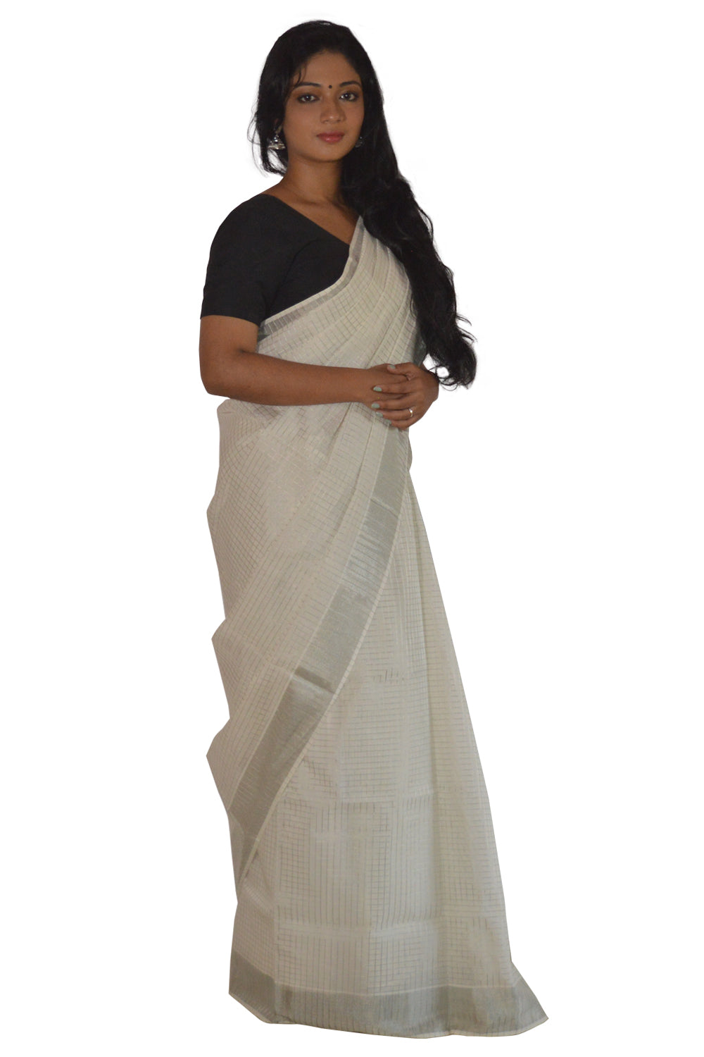 Southloom™ Handloom Silver Kasavu Saree with Woven Check Body