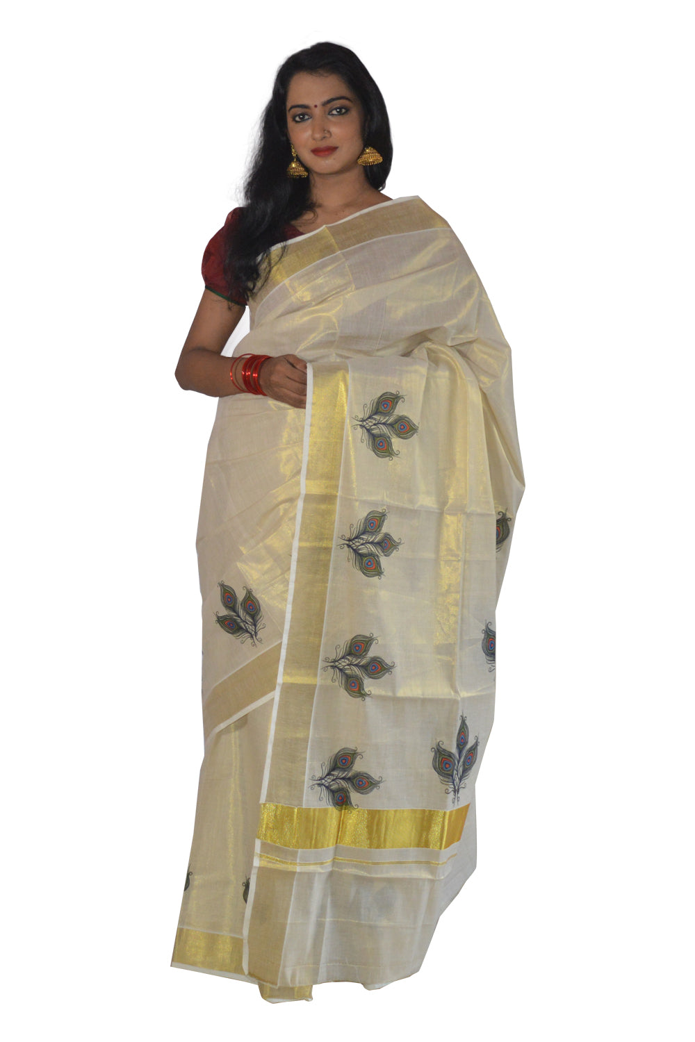 Kerala Tissue Kasavu Saree With Peacock Feather Design