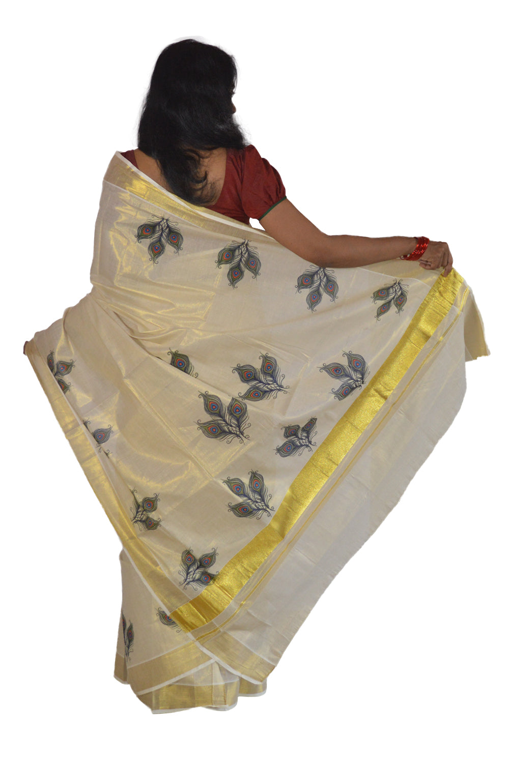 Kerala Tissue Kasavu Saree With Peacock Feather Design