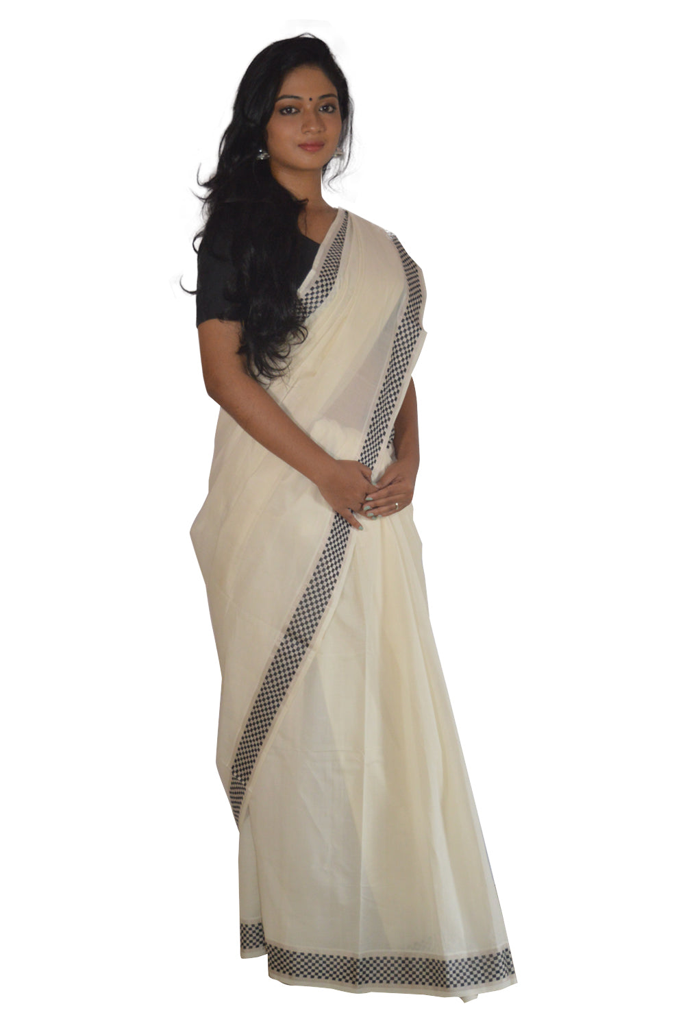 Southloom™ Handloom Silver Kasavu Saree with Check Design Border