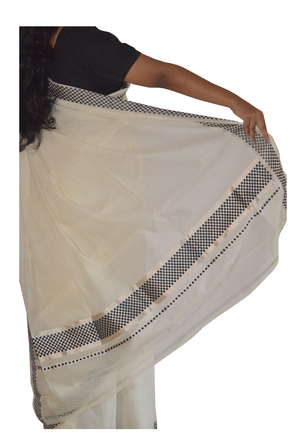 Southloom™ Handloom Silver Kasavu Saree with Check Design Border