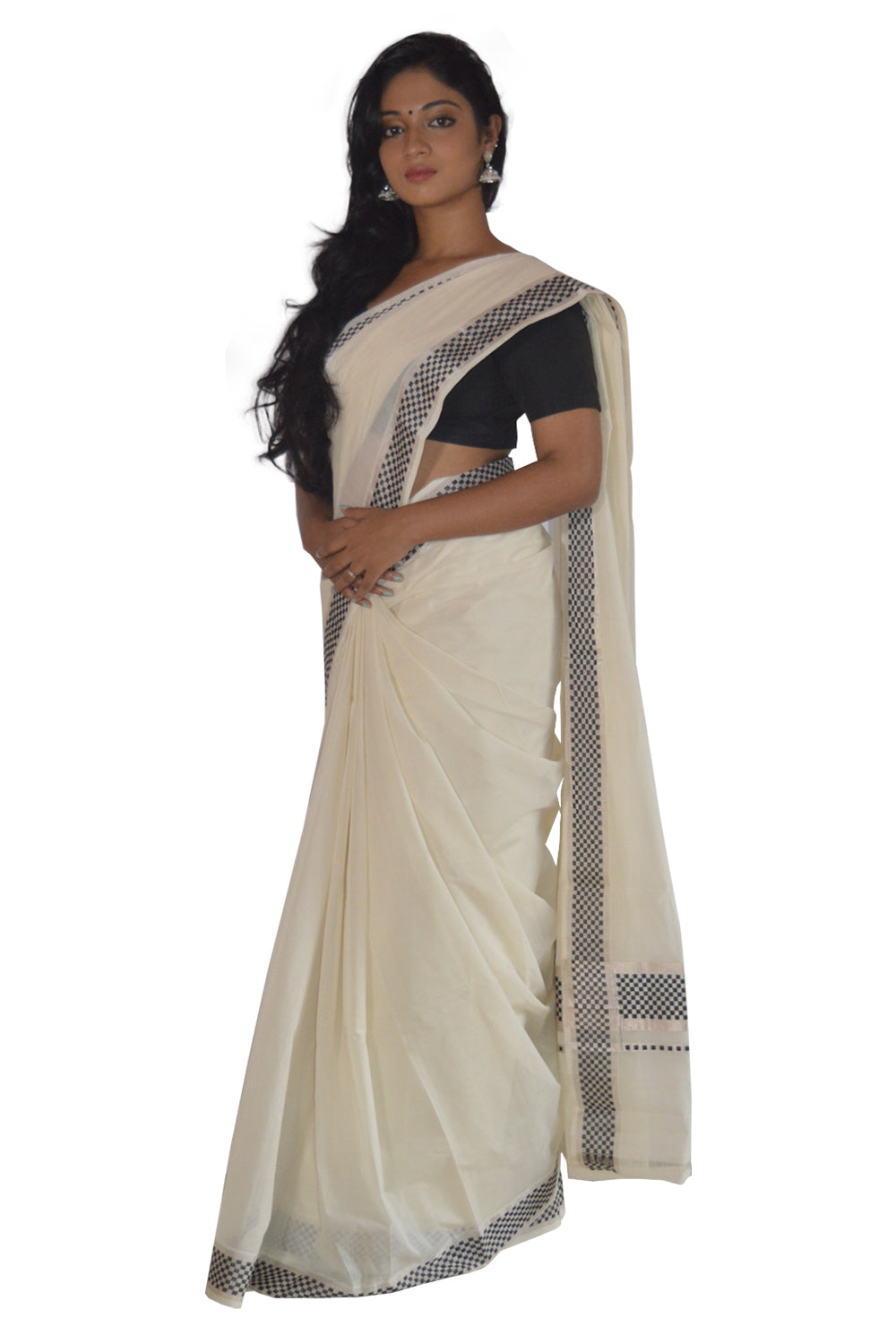 Southloom™ Handloom Silver Kasavu Saree with Check Design Border