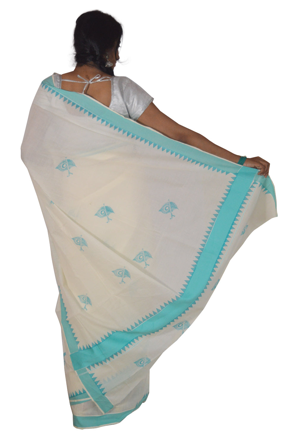 Kerala Saree with Turquoise Peacock Feather and Temple Border Block Print