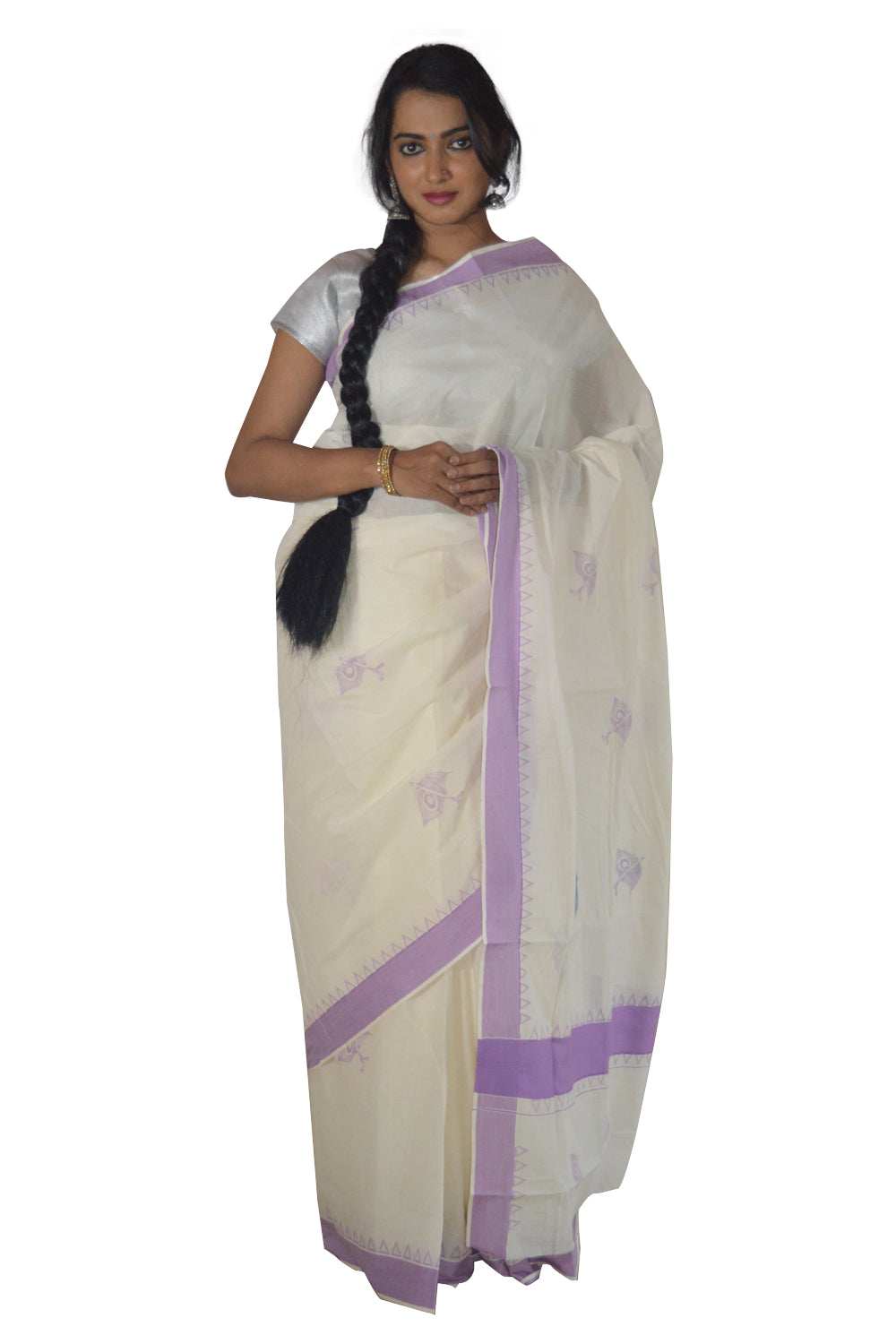 Kerala Saree with Violet Peacock Feather and Temple Border Block Print