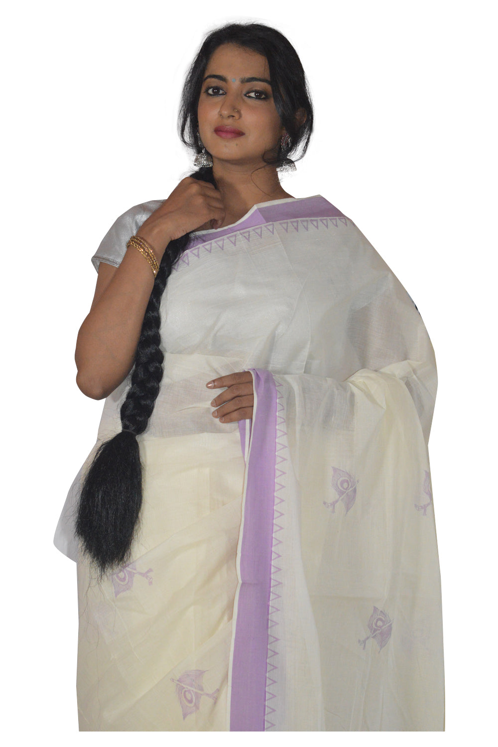 Kerala Saree with Violet Peacock Feather and Temple Border Block Print