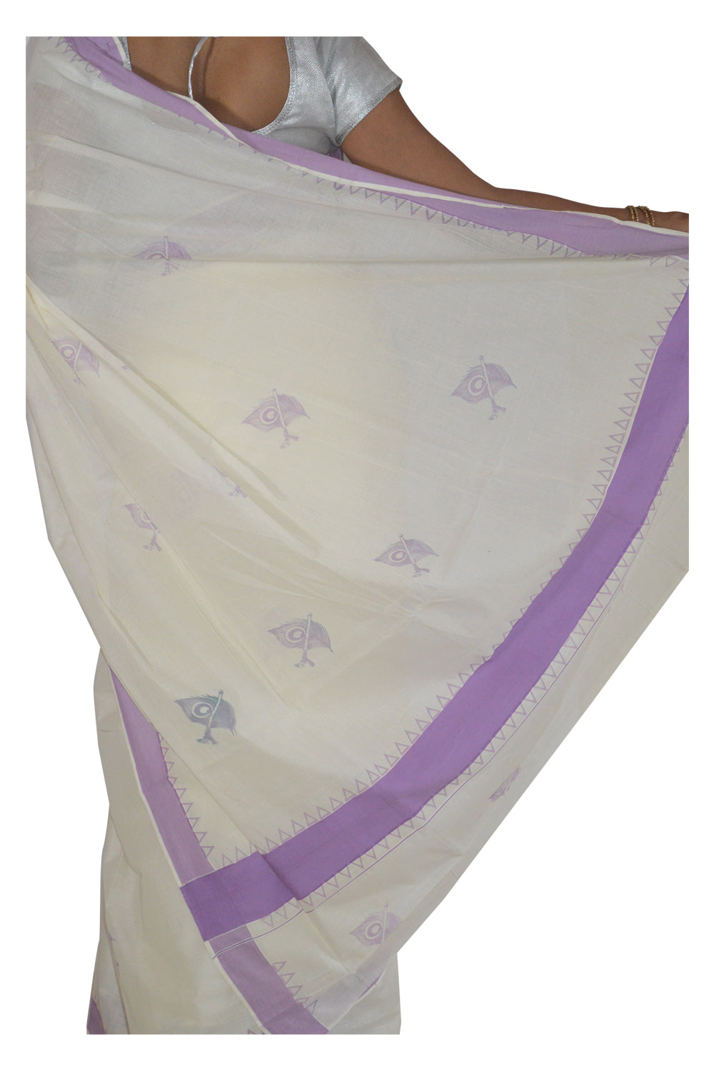 Kerala Saree with Violet Peacock Feather and Temple Border Block Print