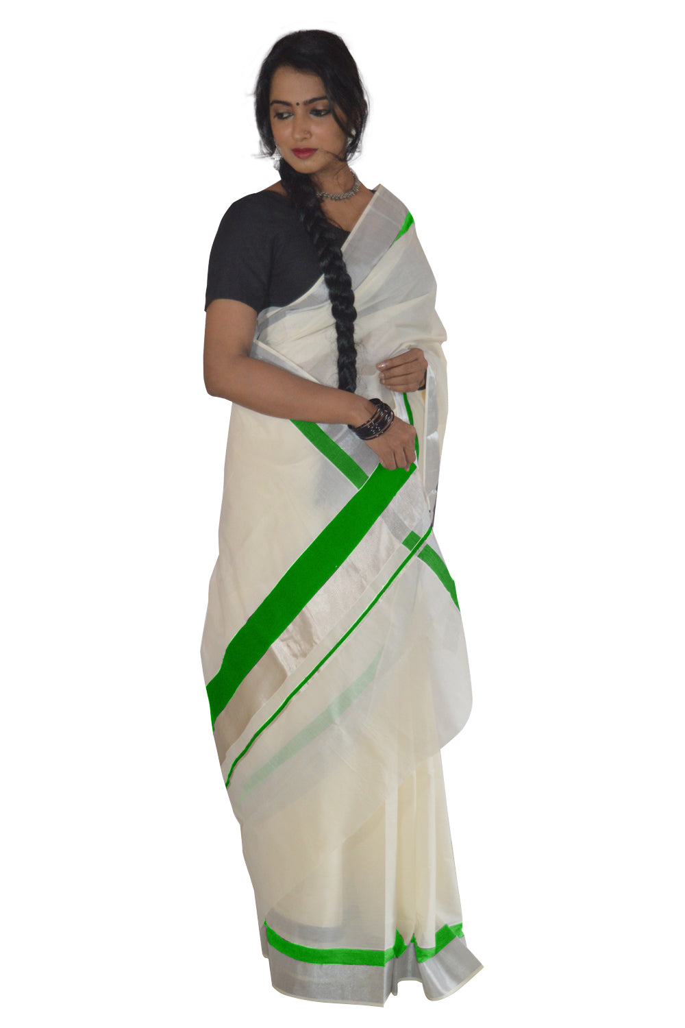 Kerala Silver Kasavu and Light Green Colour Border Saree